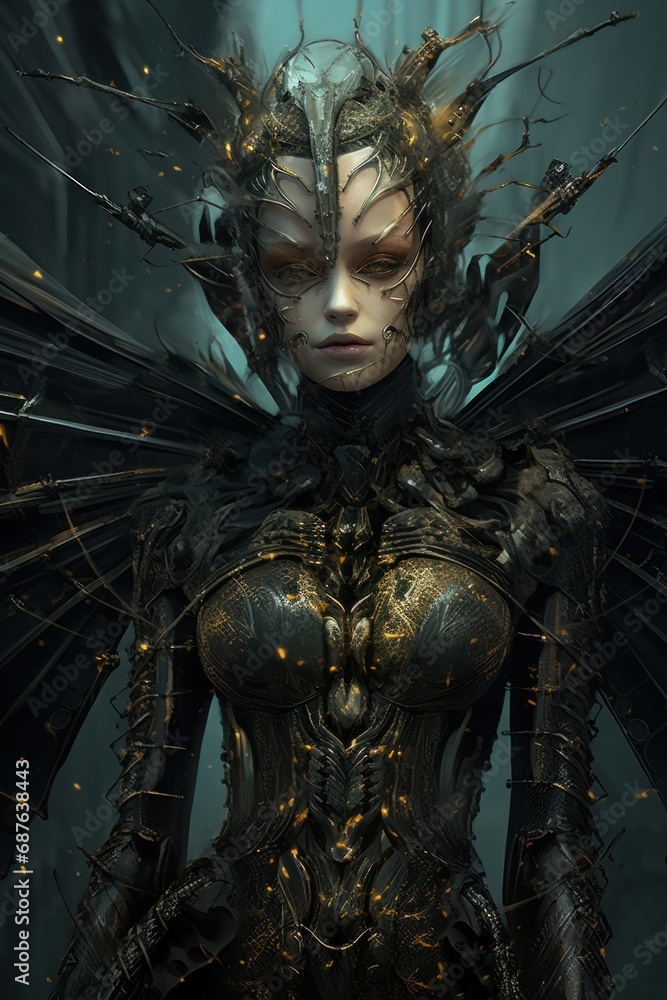 A striking image of a regal female cyborg with intricate armor and a somber expression
