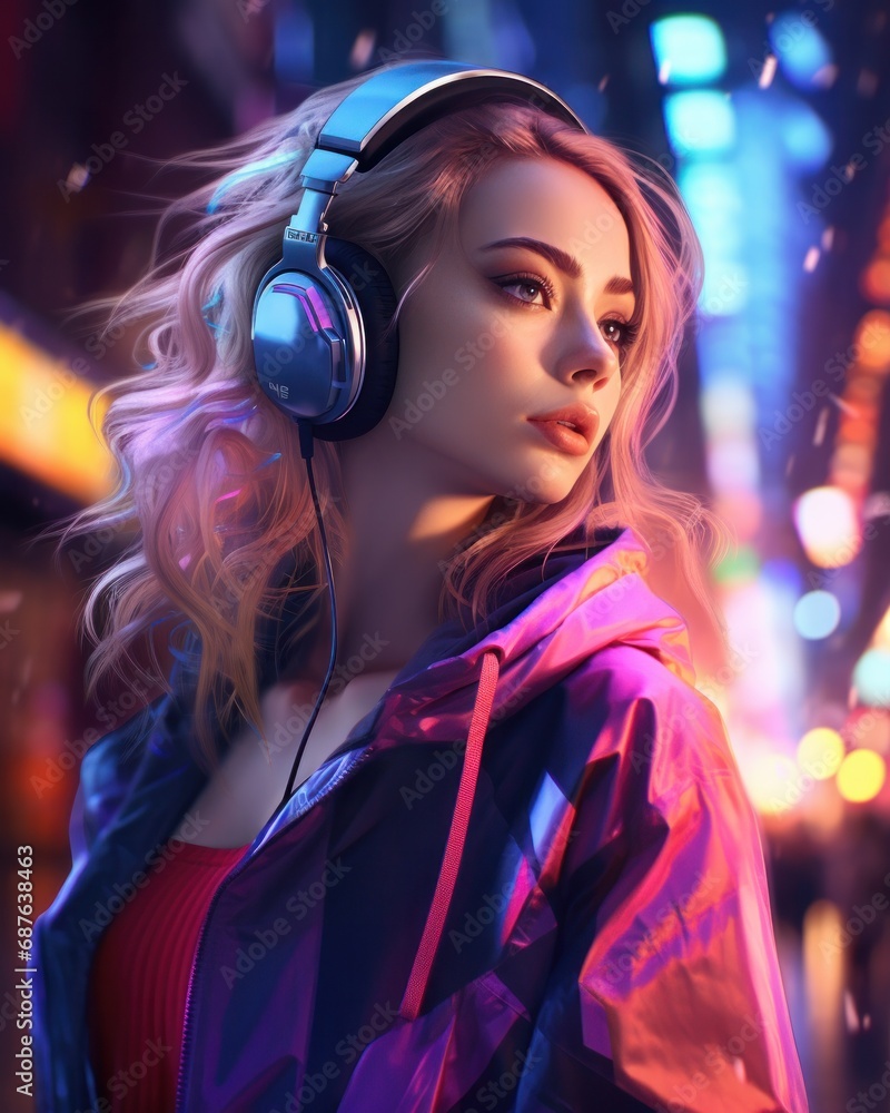 An attractive young woman with headphones enjoys the vibrant city lights and atmosphere at night