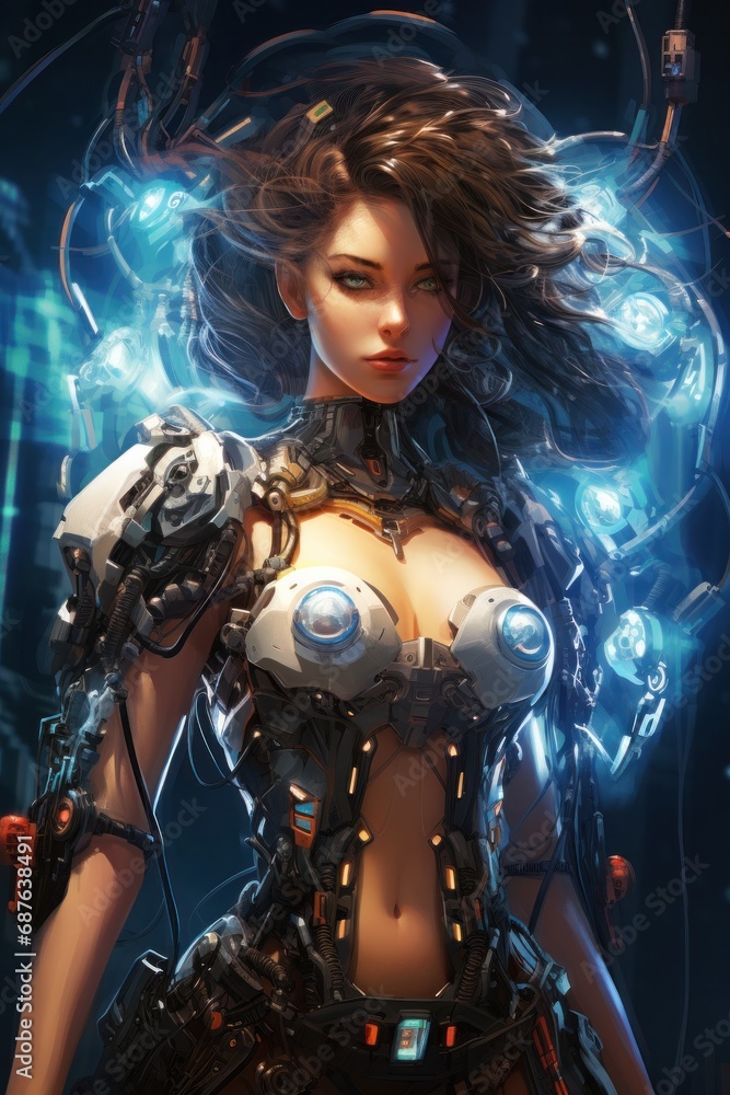 Obraz premium Dynamic and energetic cybernetic woman surrounded by blue swirling lights and advanced tech