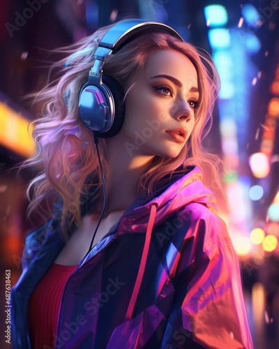 An attractive young woman with headphones enjoys the vibrant city lights and atmosphere at night