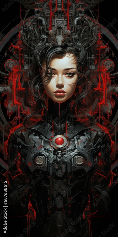 Fototapeta premium Illustration of a cybernetic woman with a lifelike face and an intricate robotic body