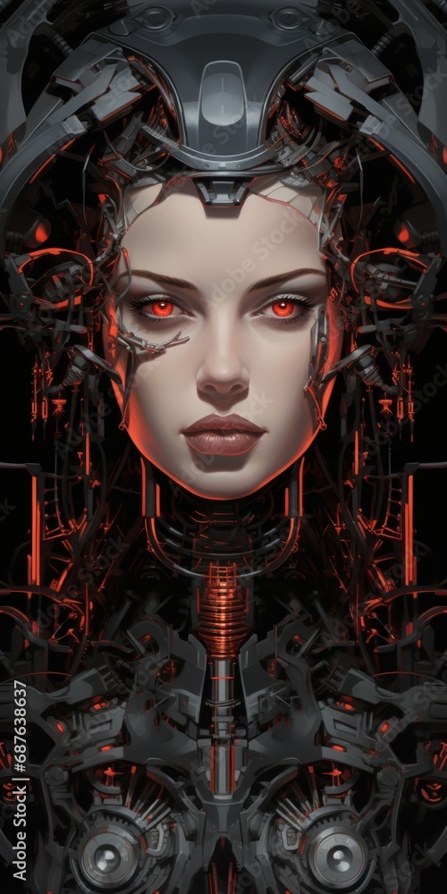 A powerful looking android with an intense gaze and red lighting showcasing advanced technology