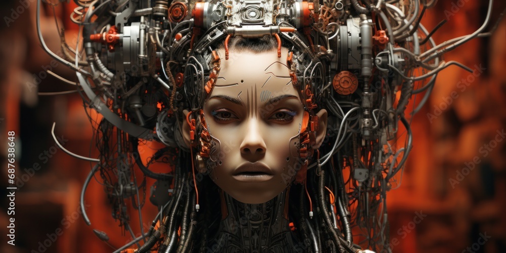 Portrait of a cyborg woman with intricate mechanical components fused with human features