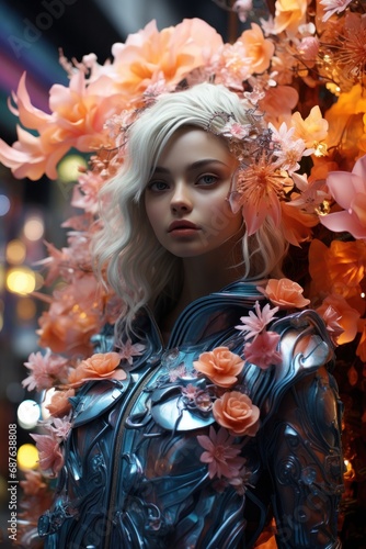 A serene and ethereal woman adorned in sculpted floral armor, surrounded by blossoms in a fantasy setting