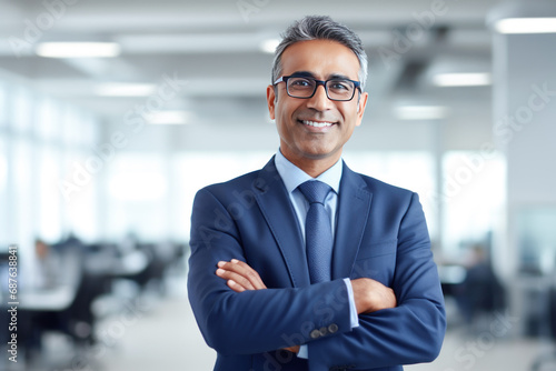 indian businessman standing confidently at office photo