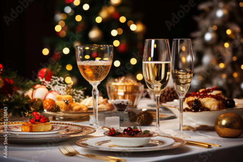 A holiday dinner table setting with glasses of wine and various meal on Christmas tree bokeh lights background. Merry Xmas concept © Cherstva