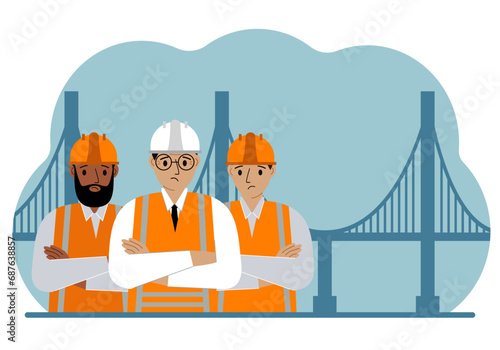 Construction team and engineer next to the bridge. The concept of civil engineering and construction.