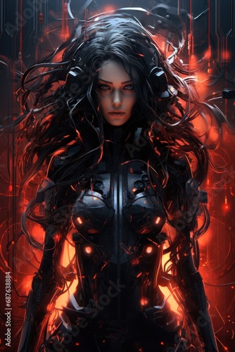 An artistic representation of a cyber woman with a gleaming red neon background and high-tech armor