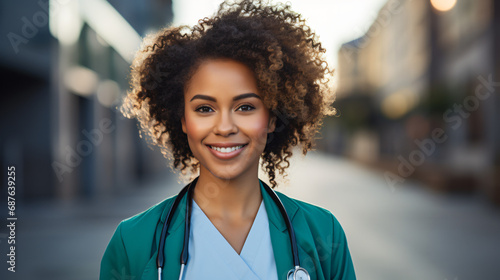 beautiful young woman doctor or nurse headshot portrait, healthcare, hospital, success, career, diversity in the workplace, woman working, woman empowerment photo