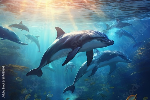 A group of dolphins swimming under water in a body of water with sunlight shining through the water's surface © MaxSimplify
