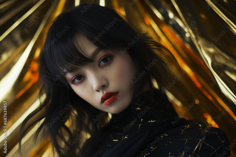 Minimalist Portrait of a Young Woman. Avant-Garde, Asian Woman Portrait in golden black outfit. Minimalist Portrait of a Young Woman. Avant-Garde, Asian Woman Portrait in golden black outfit.