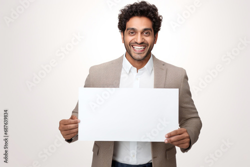 Young indian businessman showing empty board