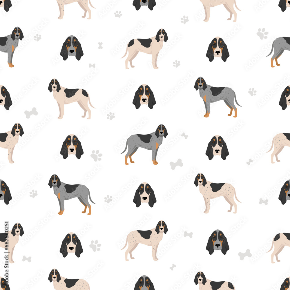 Virelade Hound seamless pattern. All coat colors set.  All dog breeds characteristics infographic