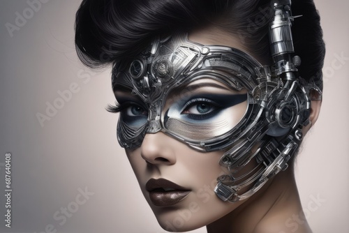 Cybernetic portrait of a woman In an iron futuristic high-tech mask