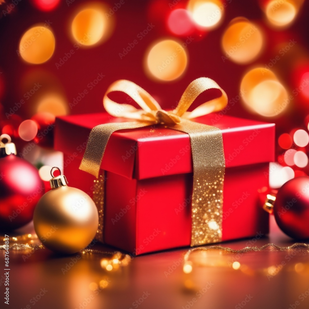 Red gift box with golden ribbons on holiday background with twinkle bokeh light. Red gift box with golden ribbons on holiday background with twinkle bokeh light.