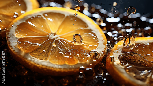 Detalle de trozos de limón en un refresco de cola photo