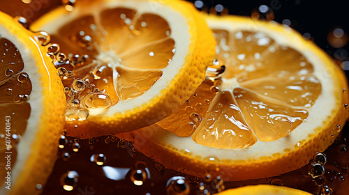 Detalle de trozos de limón en un refresco de cola photo
