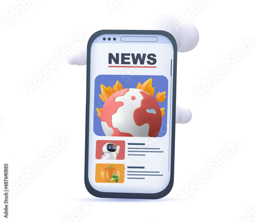 Reading latest news online on mobile phone, 3D illustration. Surfing internet, mass media on smartphone screen. Browsing daily digital newspaper. 3D vector illustration isolated on white background
