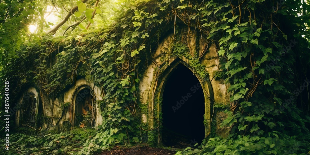 Enchanting ruins of a Gothic archway overgrown with lush greenery in a forest setting.