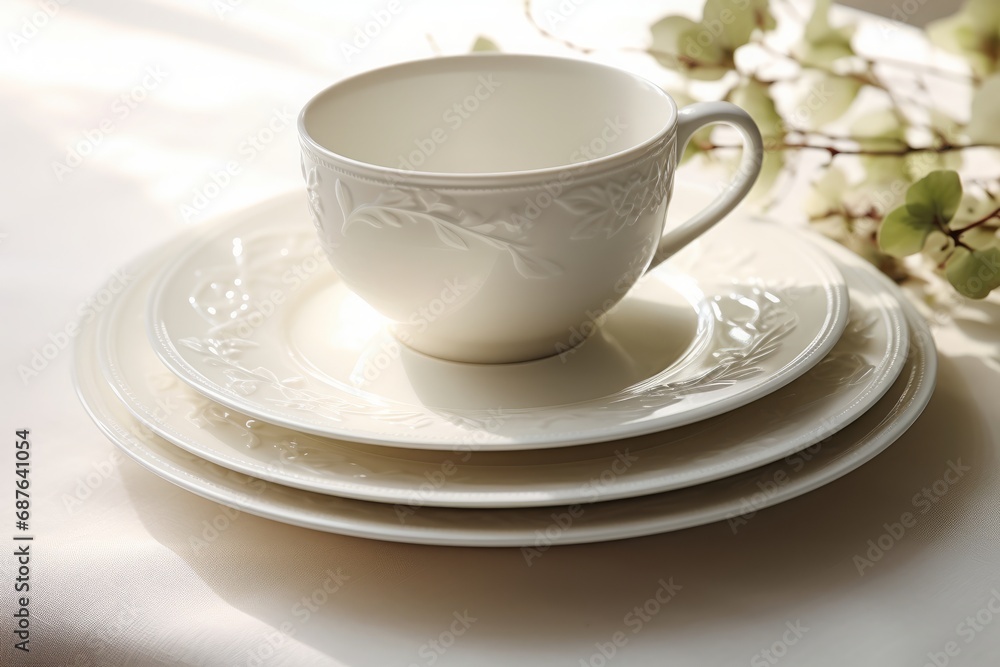 Classic white china tea set elegantly displayed on a table with subtle floral accents. Classic white china tea set elegantly displayed on a table with subtle floral accents.