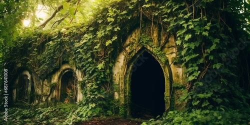 Enchanting ruins of a Gothic archway overgrown with lush greenery in a forest setting.