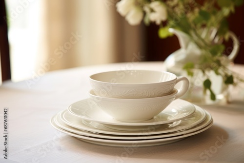 Classic white porcelain tea set on a table with elegant simplicity and a bouquet in the background.