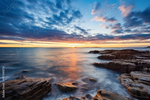 Breathtaking sunset over rocky coastline with dynamic skies and reflective sea waters.