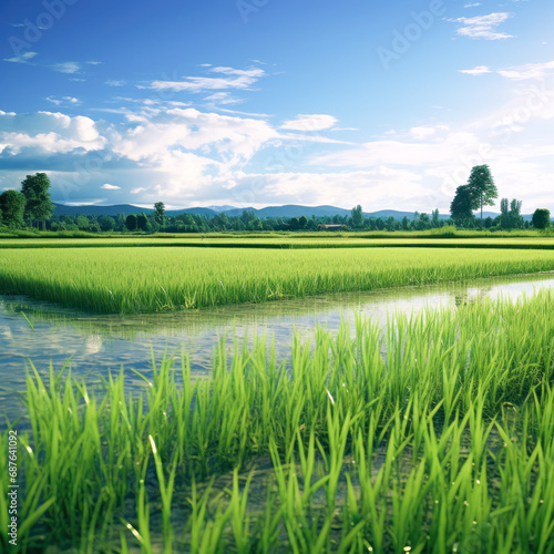 Rice agriculture field with blue sky background.