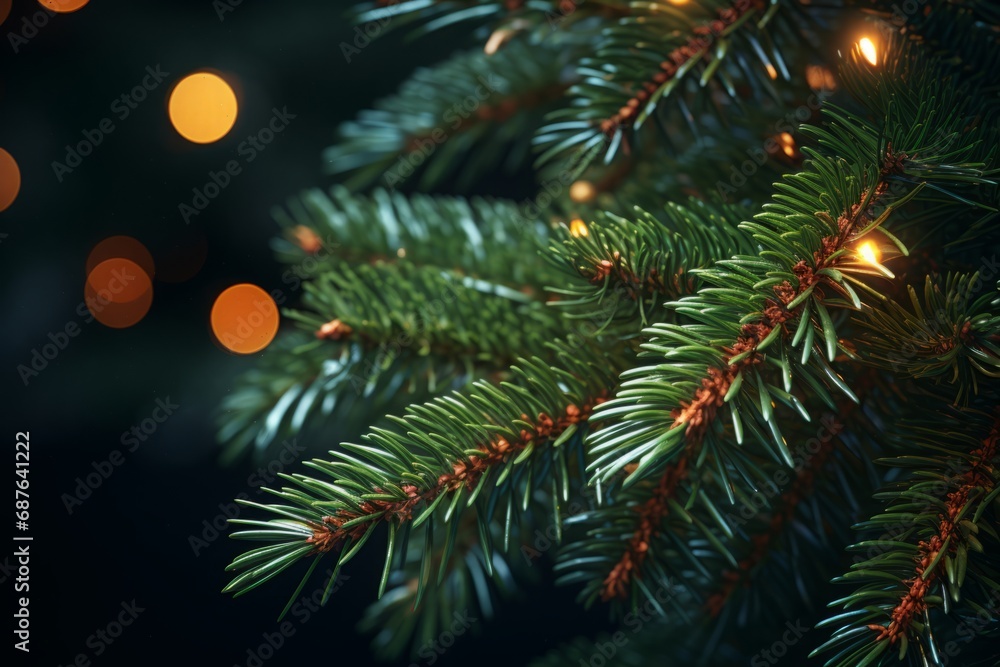 Close-up of Christmas Tree Branches with Lights
