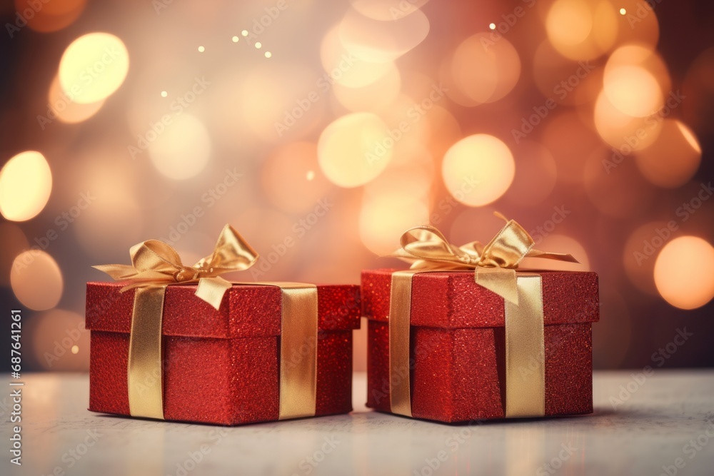 Two red gift boxes with golden ribbons on a glittering bokeh background, invoking a festive atmosphere. Two red gift boxes with golden ribbons on a glittering bokeh background, invoking a festive atmosphere.