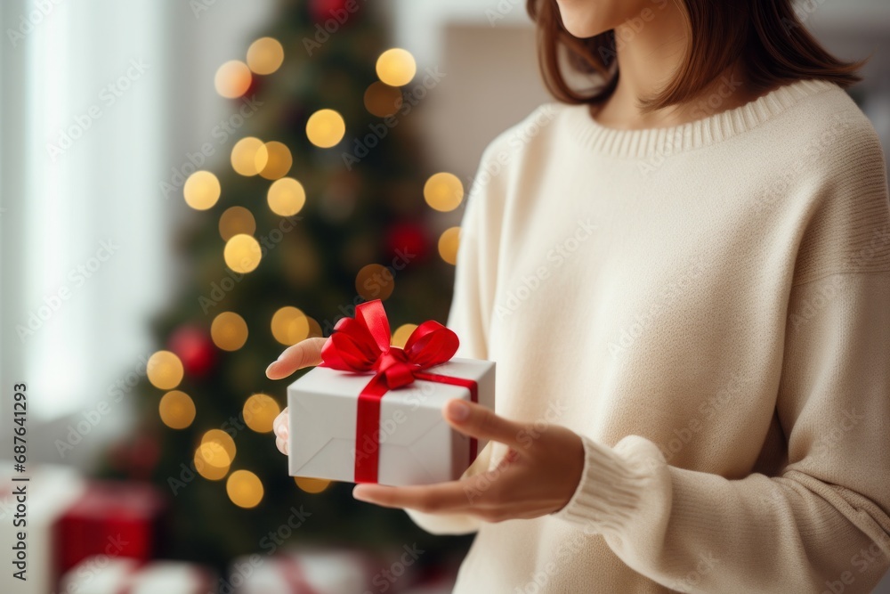 Close-up of a festive gift box with a red ribbon in a woman's hands, with a Christmas tree in the background. Close-up of a festive gift box with a red ribbon in a woman's hands, with a Christmas tree in the background.