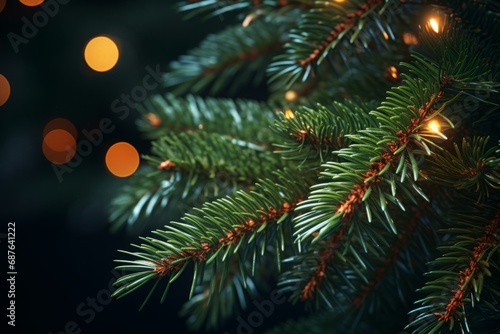 Close-up of Christmas Tree Branches with Lights