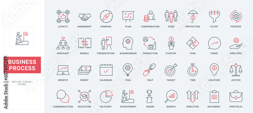 Business process, workflow organization and leadership line icons set. Data system, project and document management, awards for success thin black and red outline symbols, vector illustration