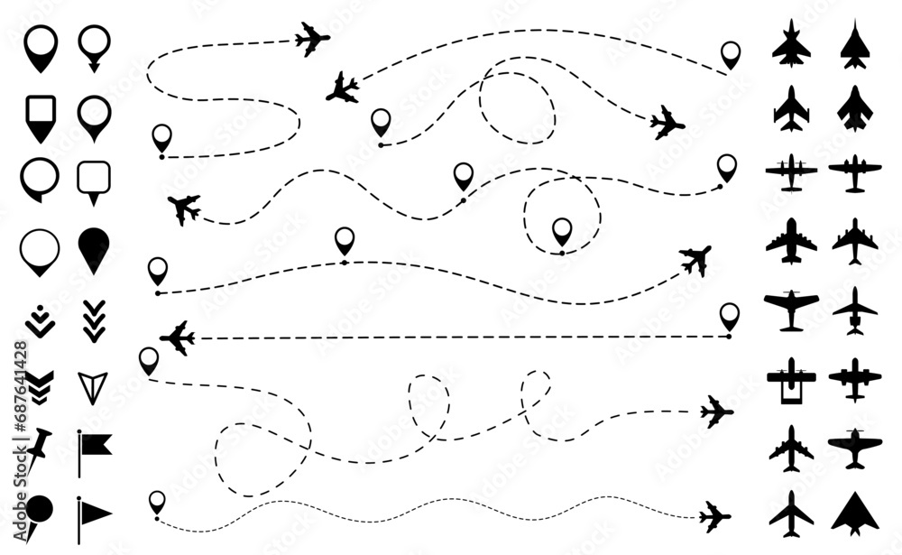 Airplane route travel track with GPS point set. Aircraft tracking, planes, map destination location pins collection. Line path icon set. Flight start point, tourism way – vector Airplane route travel track with GPS point set. Aircraft tracking, planes, map destination location pins collection. Line path icon set. Flight start point, tourism way – vector