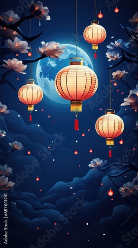 Chinese lantern traditional Asian style against the background of the old Chinese city and the blue full moon. Festive background for Lunar New Year. Lantern Festival