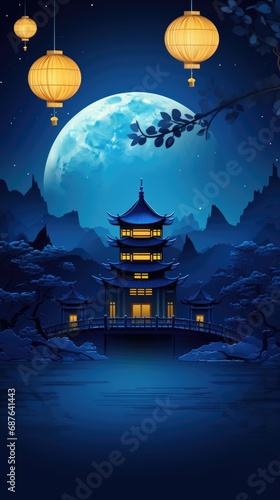 Chinese lantern traditional Asian style against the background of the old Chinese city and the blue full moon. Festive background for Lunar New Year. Lantern Festival