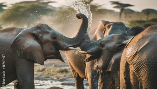 Elephants Having a Funny Bath Together