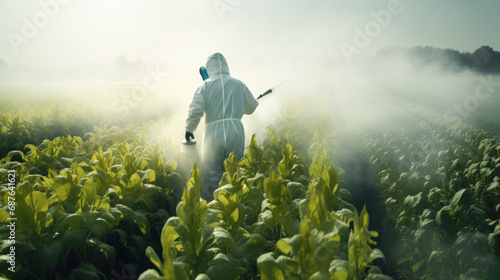 indian farmer spraying pesticide with pump at agriculture field.