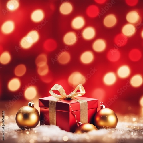 Red gift box with golden ribbons on holiday background with twinkle bokeh light. © shaadjutt36