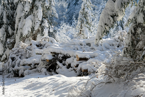 View of a Bavarian winter landscape with lots of snow  blue sky with clouds on a cold winter day