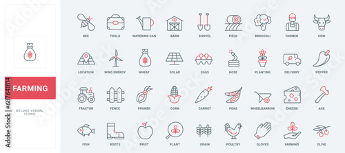 Agriculture and farming thin black and red line icons set vector illustration. Outline vegetable harvest from field and tractor symbols, corn and wheat crop, farm food products and farmers equipment