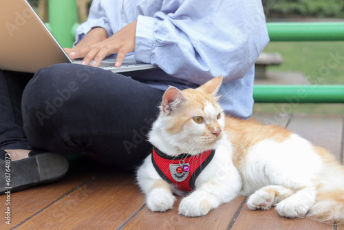 Outdoor portrait of Asian hijab woman holding and giving gentle touch to cat  taking care of her pet while working on laptop in nature park. Love relationship between humans and animals.