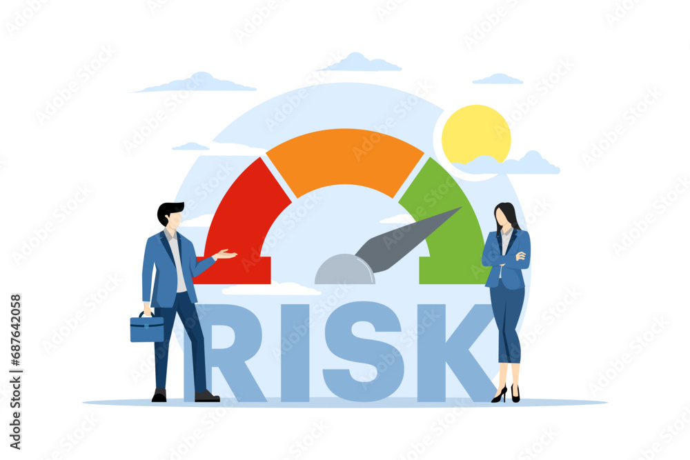 Risk management concept. business teams review and evaluate and analyze risks. Risky task. Business and investment concept. Risk of large text and level buttons. Flat vector illustration on background Risk management concept. business teams review and evaluate and analyze risks. Risky task. Business and investment concept. Risk of large text and level buttons. Flat vector illustration on background