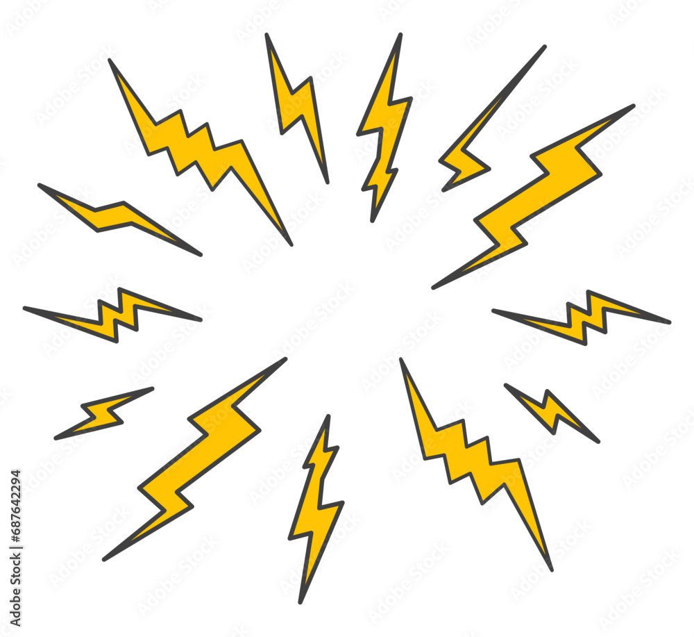 Lightning bolt pop art set background, retro lightning bold strike design elements, abstract thunder banner - stock vector Lightning bolt pop art set background, retro lightning bold strike design elements, abstract thunder banner - stock vector