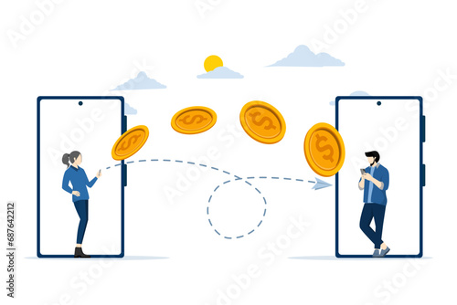 The concept of non-cash payment transactions. Financial transaction, online payment system, currency, coin, online money transfer system, NFC payment system, money transfer, flat vector illustration.
