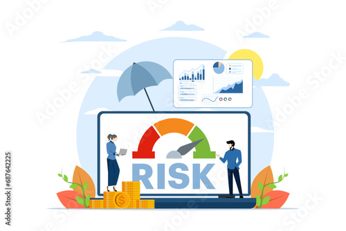 Risk management concept. business teams review and evaluate and analyze risks. Risky task. Business and investment concept. Risk of large text and level buttons. Flat vector illustration on background