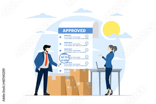 Inventory control concept, Warehouse management, Logistics services, Warehouse employees keep delivery records, Manage incoming and outgoing goods, flat vector illustration on a white background.