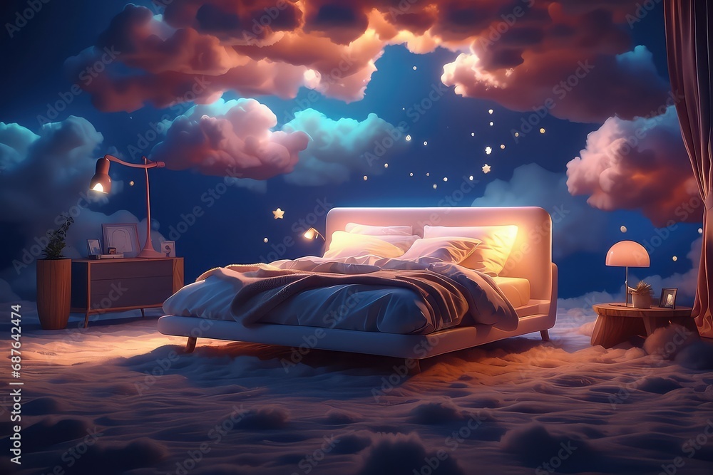 3D rendering of cozy bed illuminated by lamp. The bed flying over fluffy clouds at night - obrazy, fototapety, plakaty 