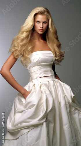 a blond super model, long blond hair, in dress