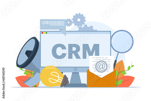Concept of CRM, Customer Relationship Management, Organization of data about work with clients, Corporate Strategy Planning, Business Data Analysis, flat vector illustration on a white background.